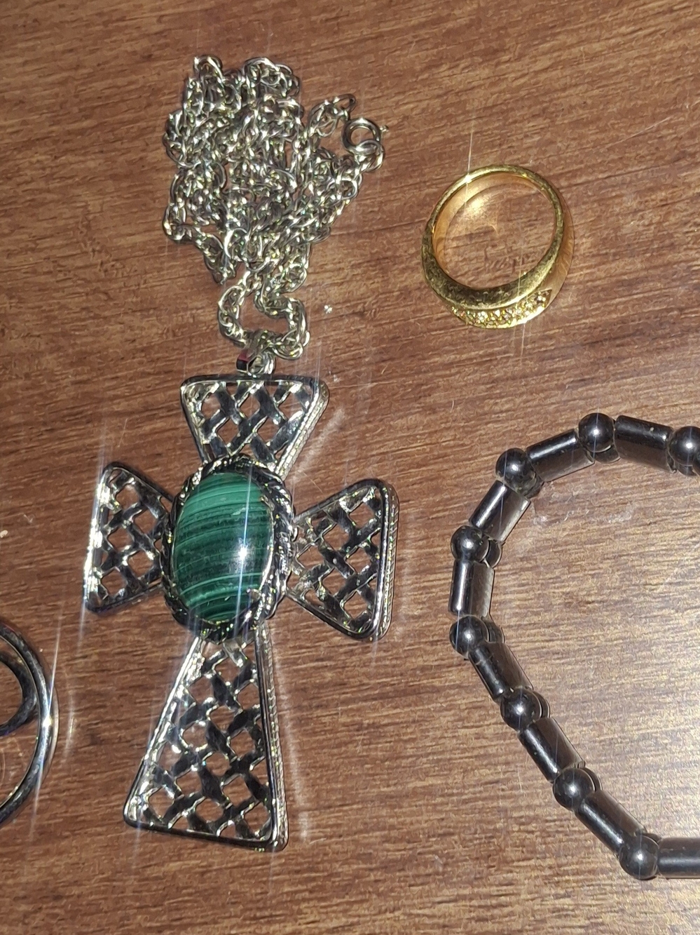 Silver Cross Pendant Necklace with Green Oval Stone